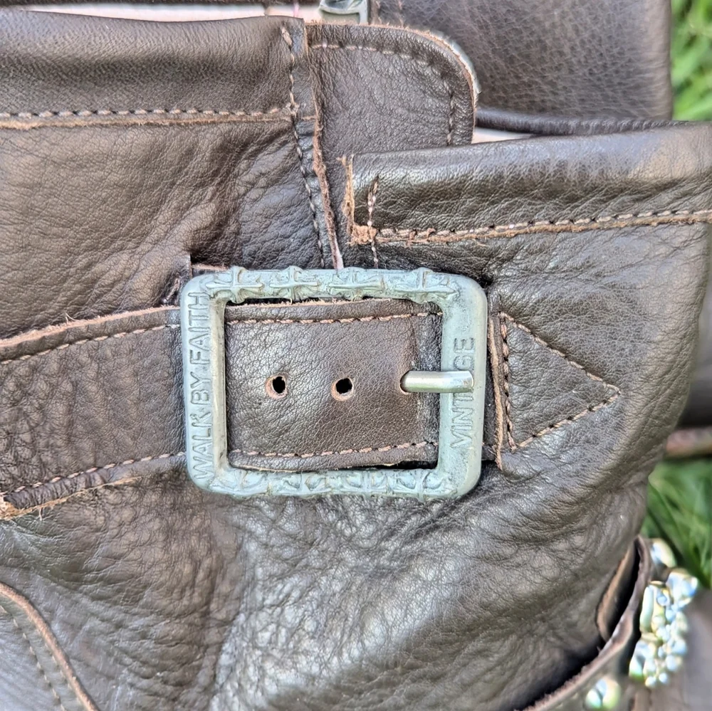 Brown Leather Cowboy Biker Moto Rare Pink Bling Boots 9 fit like 8.5 - Picture 10 of 12